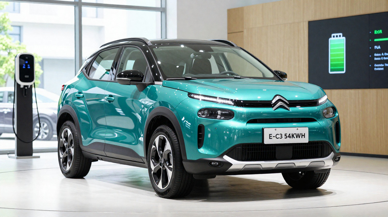 Carro elétrico Citroën E-C3 verde em exposição com estação de recarga ao fundo.