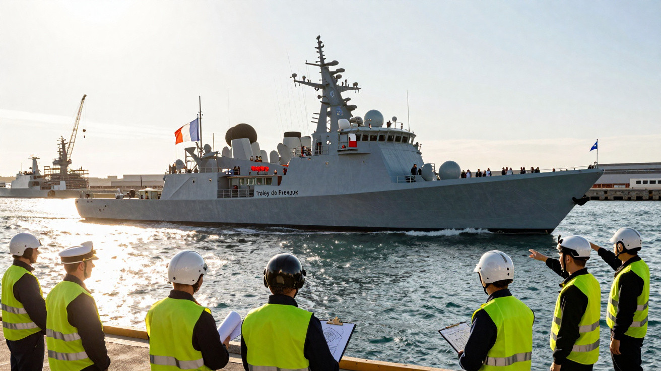 Marinha francesa na doca com equipe de segurança de coletes e capacetes observando fragata.