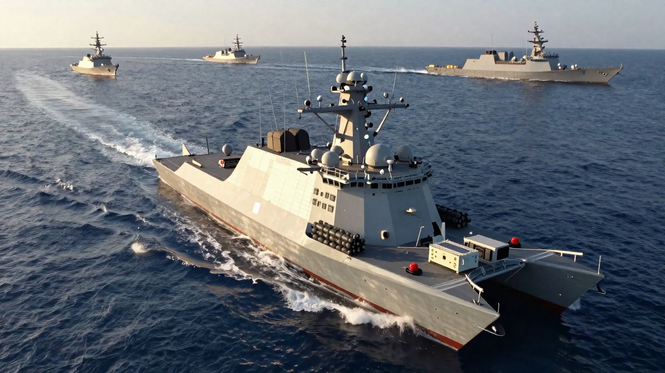 Três navios de guerra cinza navegando em formação no mar sob céu claro.