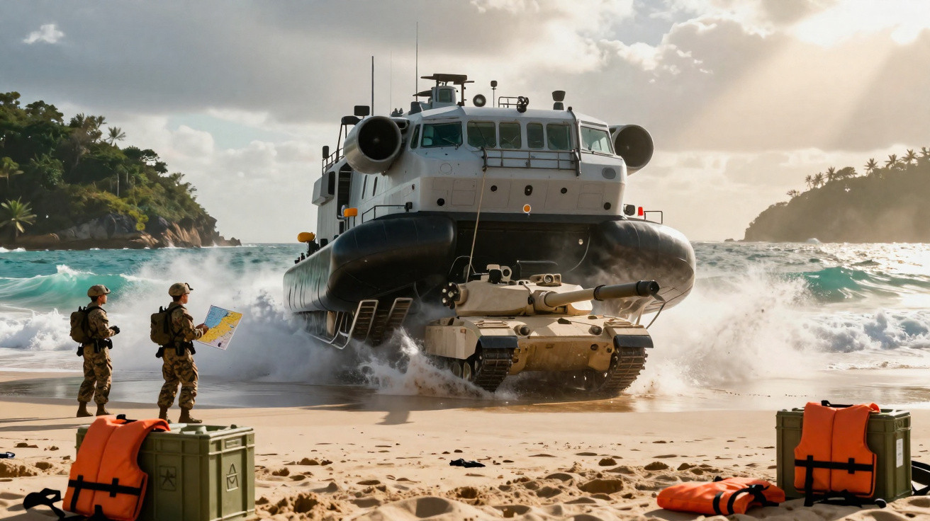 Barco militar transportando tanque anfíbio na praia com dois soldados observando e mapas na mão.
