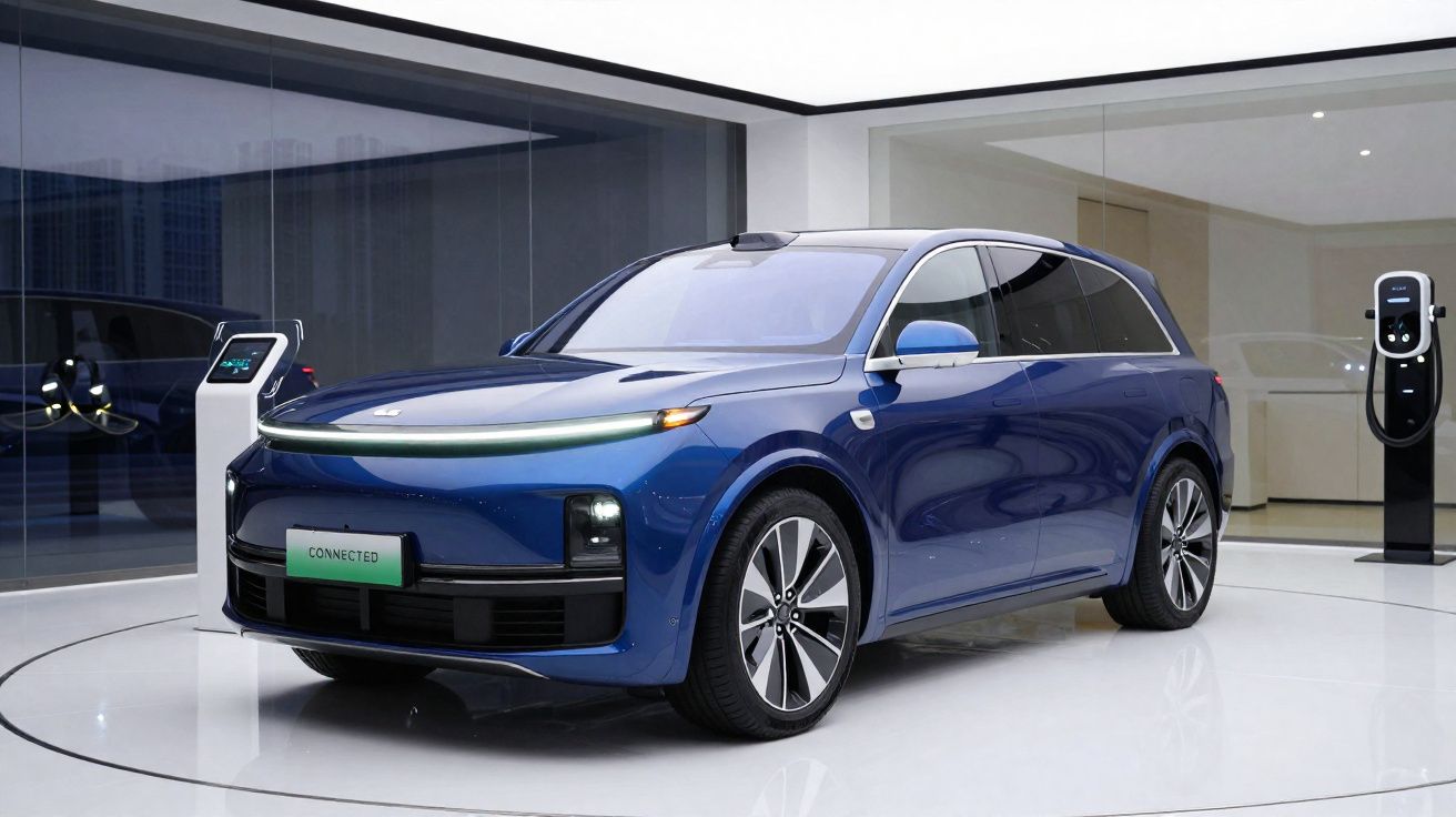 Carro elétrico azul estacionado em showroom moderno com estação de recarga ao fundo.