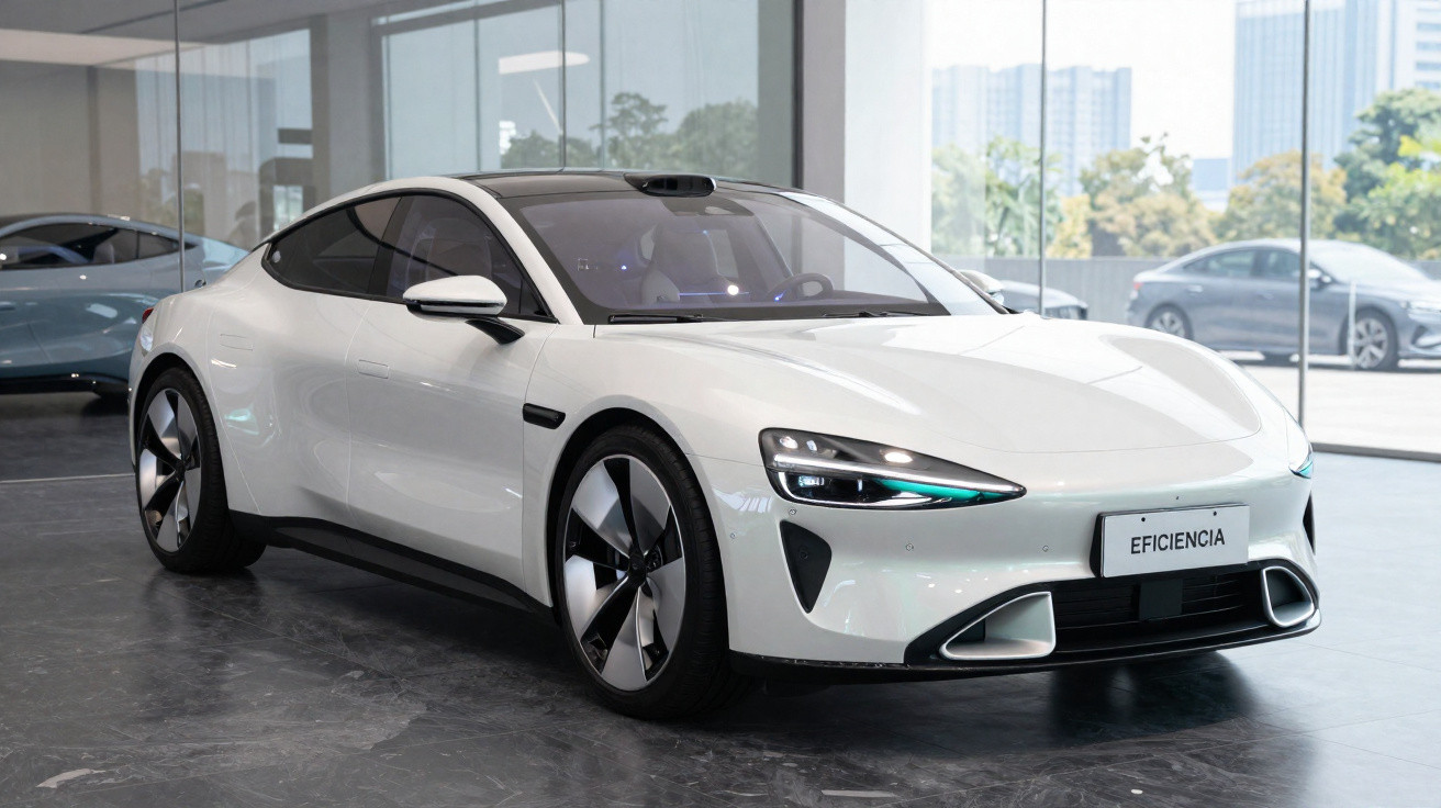 Carro elétrico branco com design moderno estacionado em showroom com grandes janelas de vidro.
