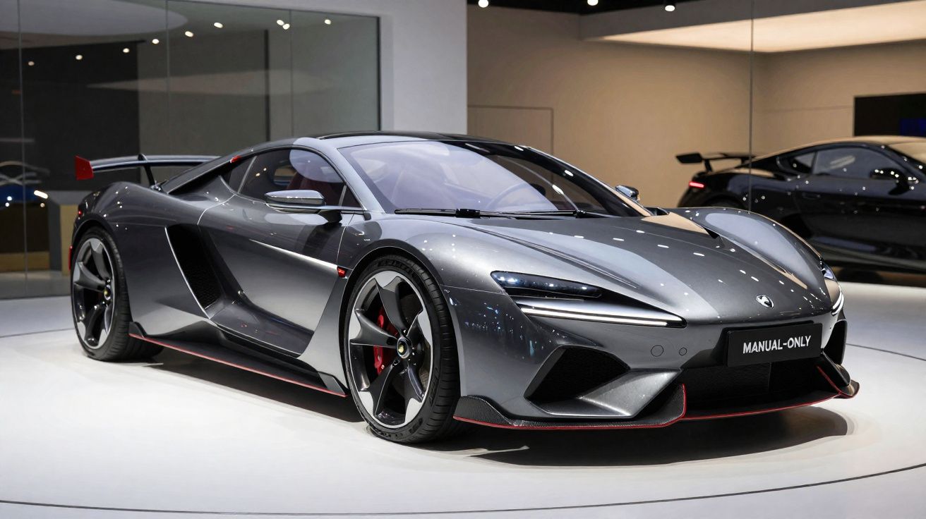 Carro esportivo cinza metálico com design aerodinâmico exposto em salão automotivo.