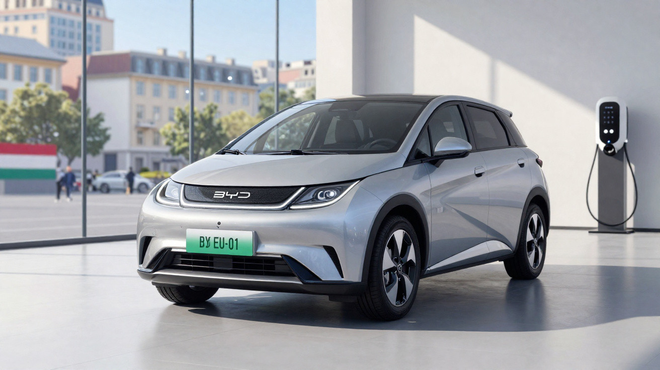 Carro elétrico prateado BYD estacionado em ambiente moderno com estação de carregamento ao fundo.