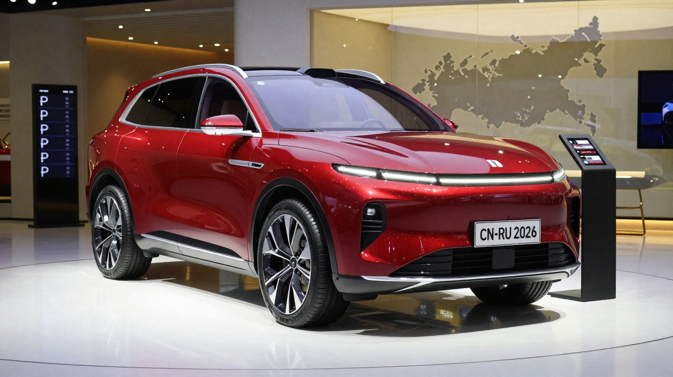 Carro SUV elétrico vermelho em exposição com design moderno e placa CN-RU 2026.