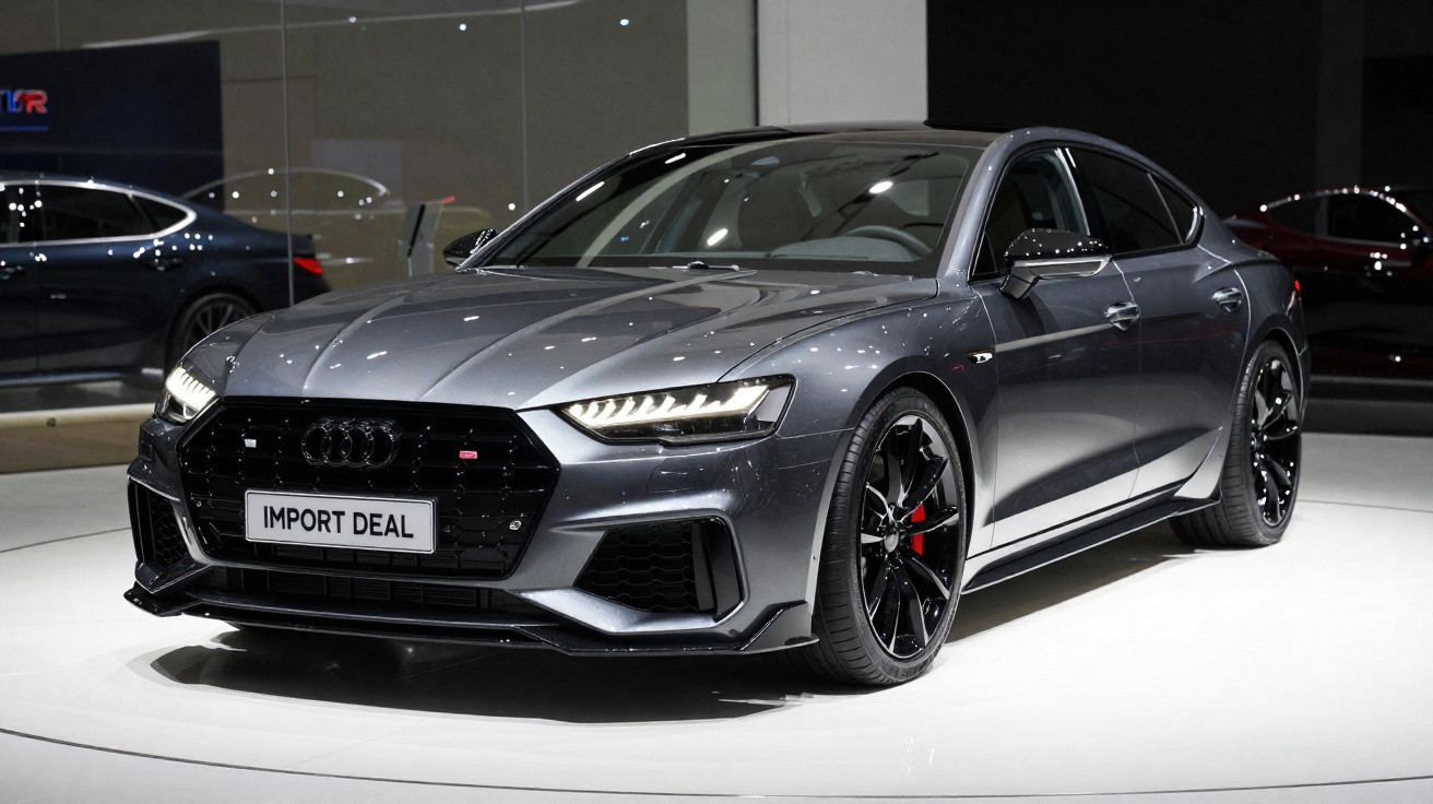 Carro esportivo Audi cinza escuro com rodas pretas e freios vermelhos em estande de exposição.