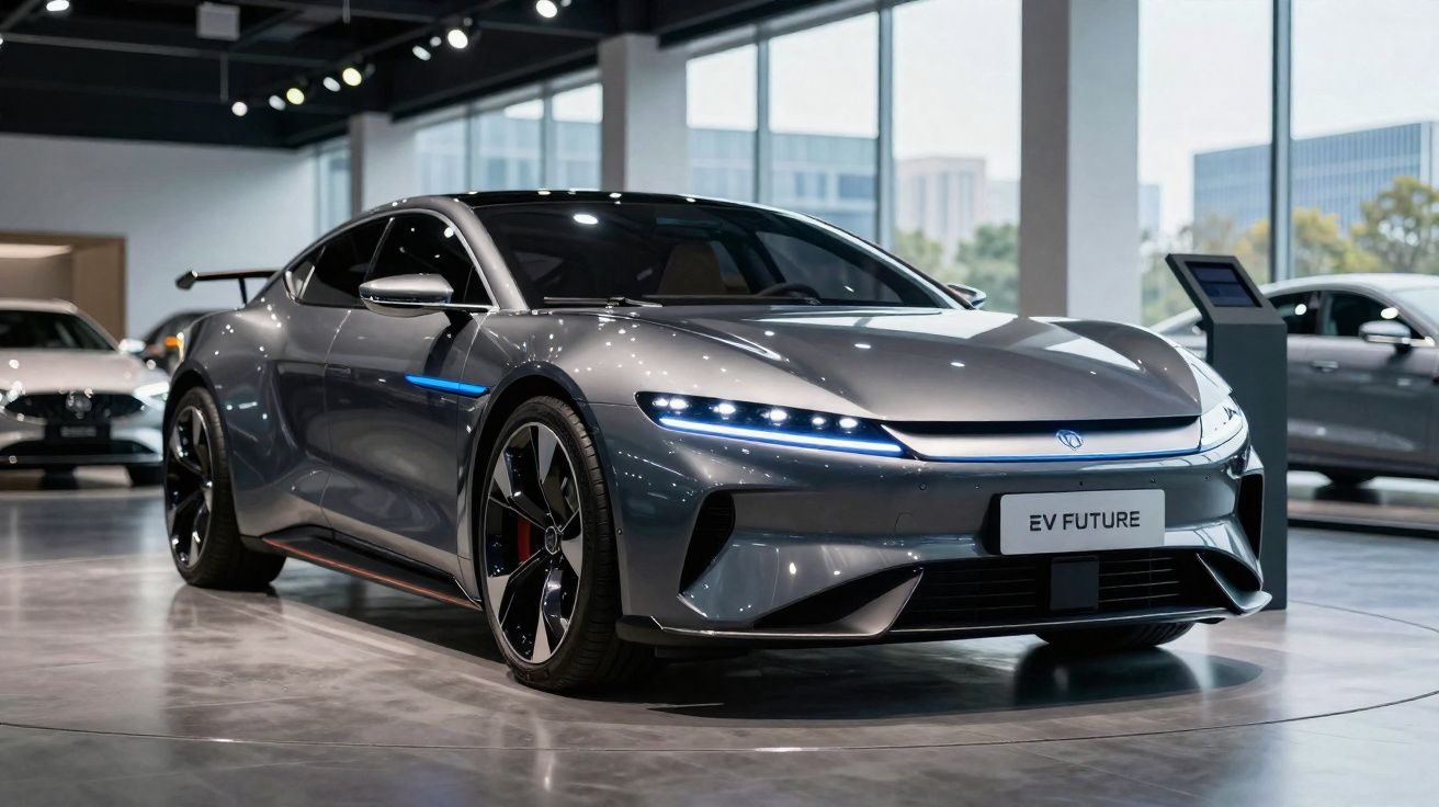 Carro elétrico esportivo cinza estacionado em showroom moderno com iluminação e janelas amplas.