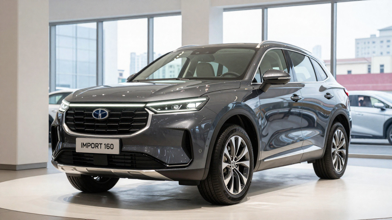 SUV cinza metálico Subaru Import 160 em exposição dentro de showroom moderno com janelas grandes.