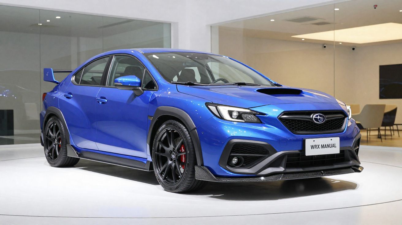 Carro esportivo Subaru WRX azul com rodas pretas, exibido em showroom moderno e iluminado.