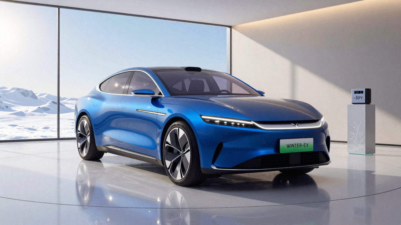Carro elétrico azul moderno estacionado em ambiente interno com janela para paisagem nevada.