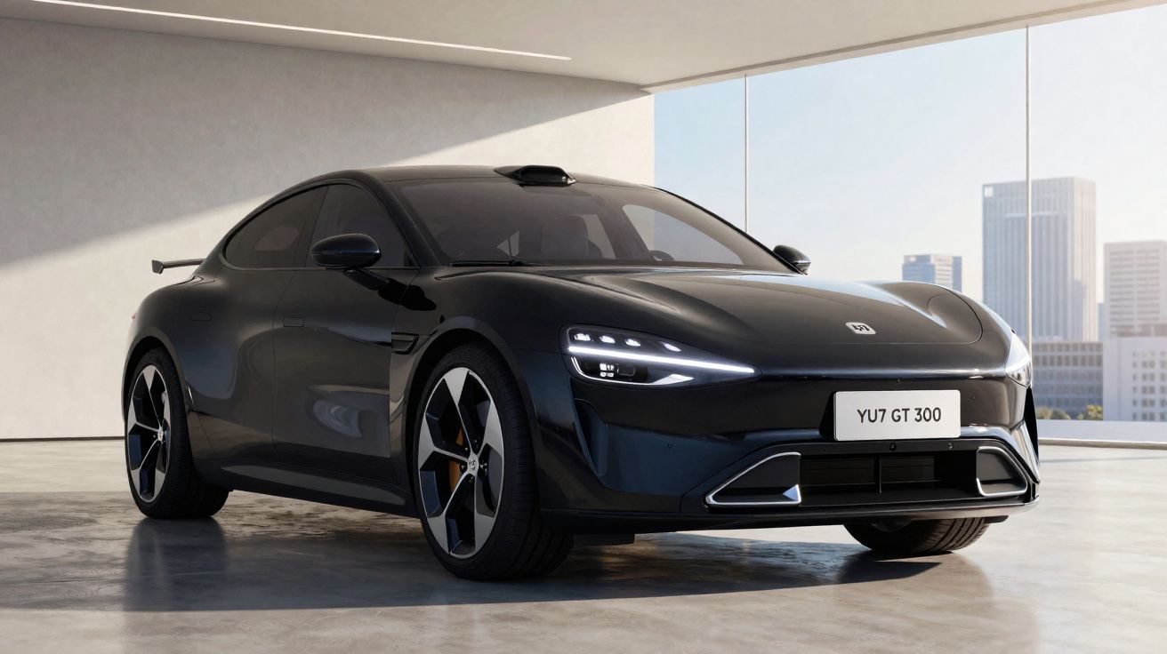 Carro esportivo elétrico preto estacionado em garagem moderna com janelas e vista para prédios altos.