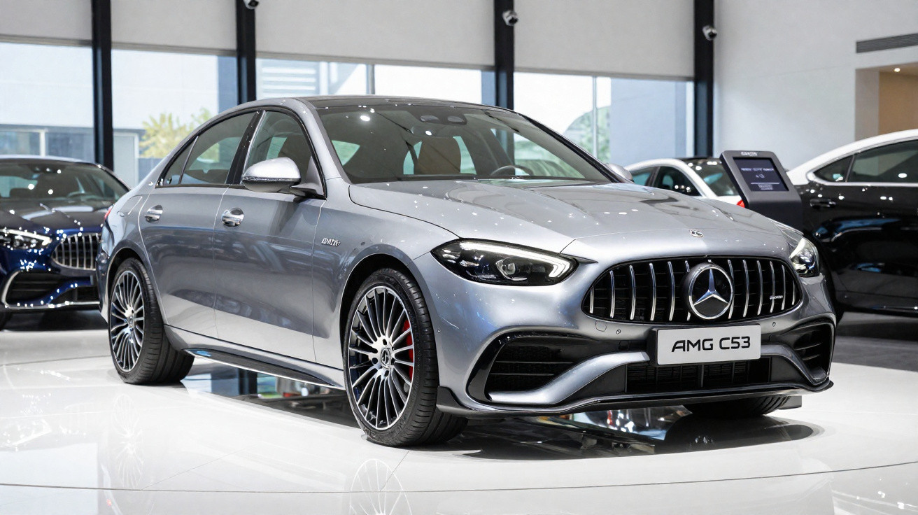 Carro prata Mercedes-Benz AMG C53 exposto em showroom com piso branco e iluminação refletida.