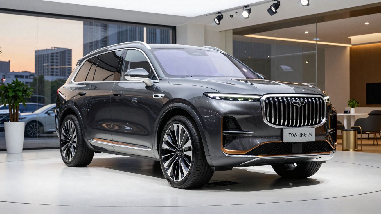 SUV cinza metálico Towking 26 exposto em showroom moderno com iluminação branca e fundo urbano.