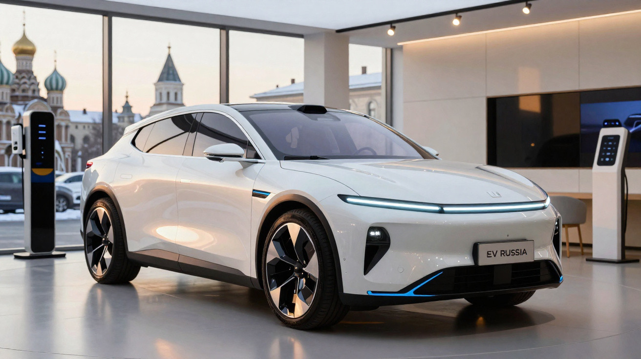 Carro elétrico branco estacionado em showroom moderno com carregadores e prédios históricos ao fundo.