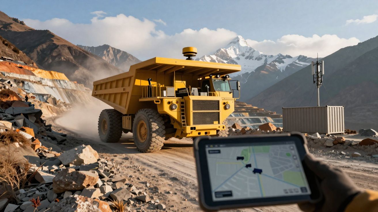 Caminhão amarelo grande em estrada de mineração com tablet mostrando mapa em primeiro plano.