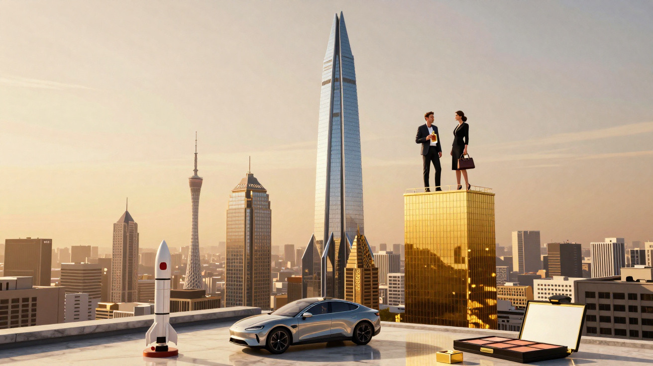Dois executivos em miniatura no topo de prédio dourado com carro futurista e foguete em cenário urbano.