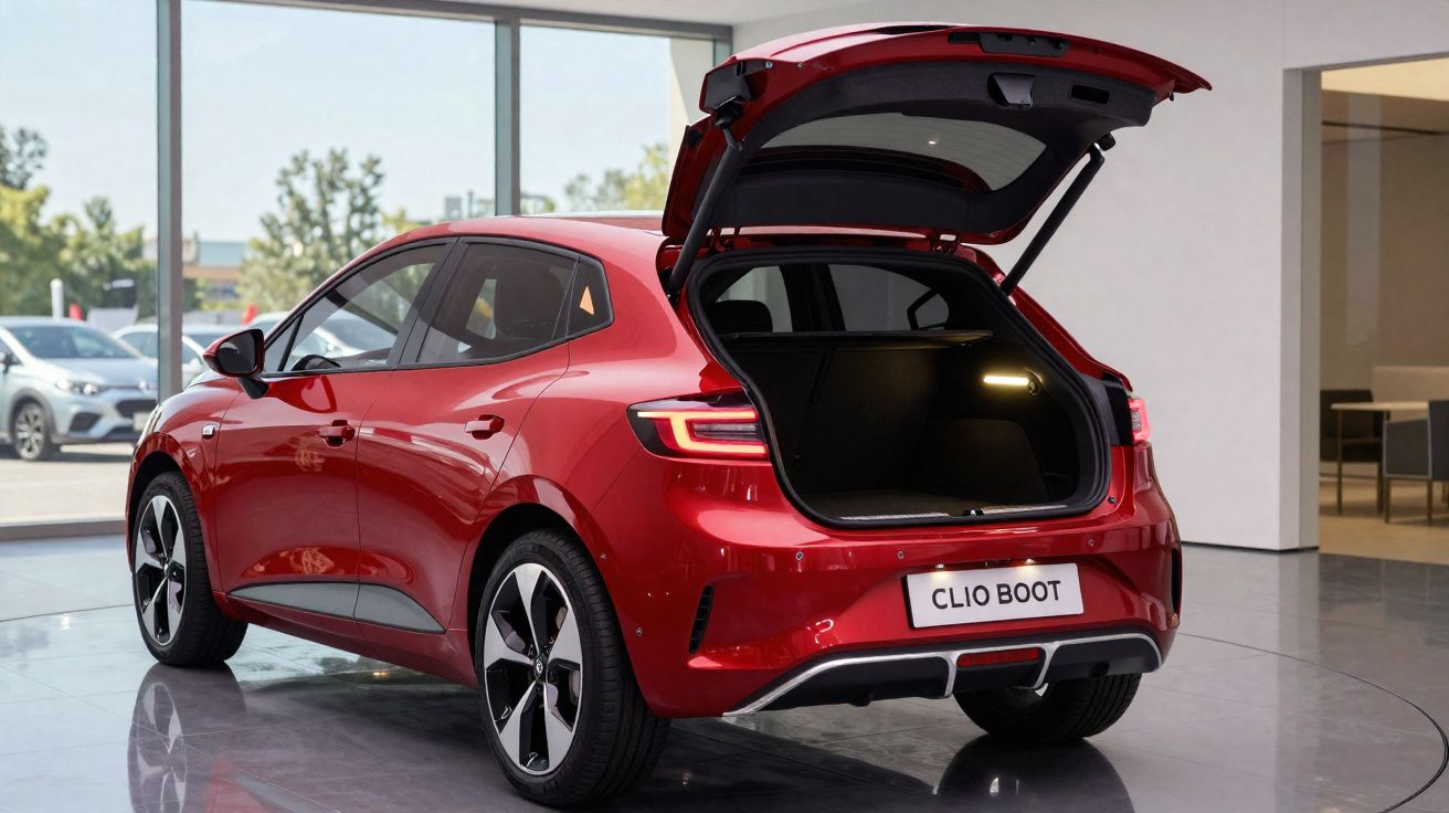 Carro hatch vermelho com porta-malas aberto em showroom moderno e piso espelhado.