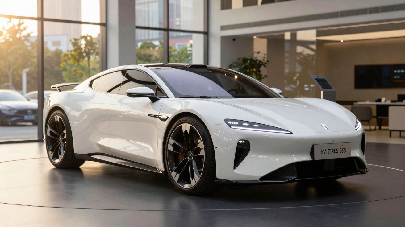 Carro esportivo elétrico branco em exposição com design moderno e faróis de LED acesos em showroom.