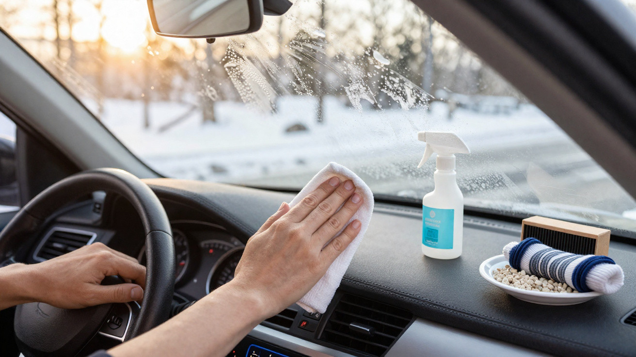 Pessoa limpando o painel interno de um carro com pano branco, spray e acessórios ao lado.