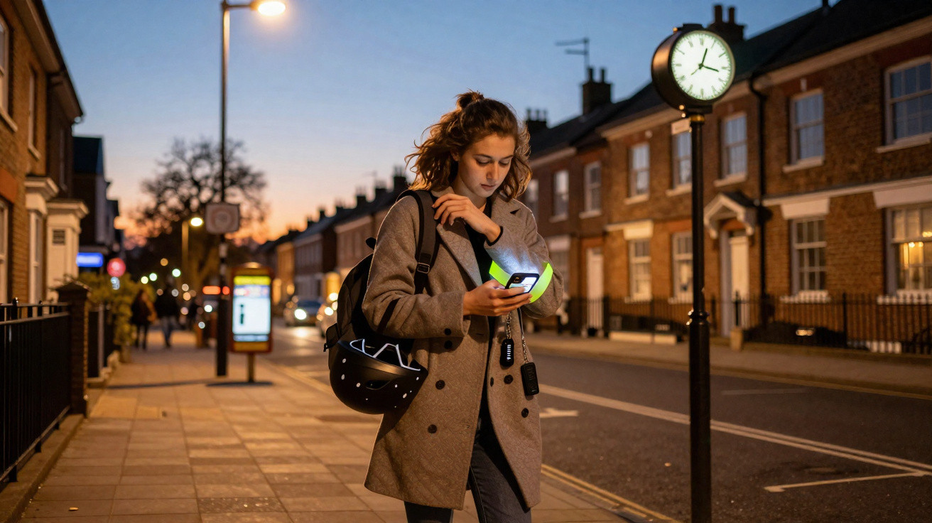 Mulher caminhando à noite em rua urbana, olhando para celular com casaco cinza e capacete preto na mão.