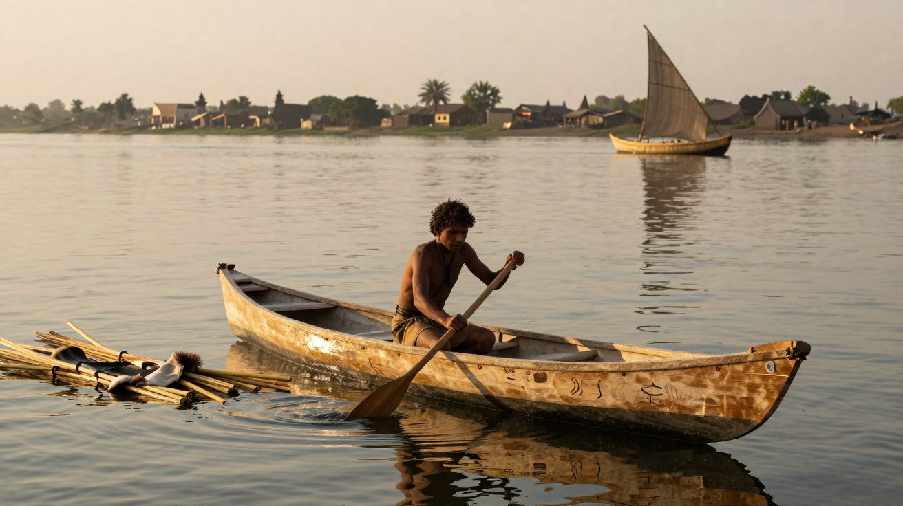 Homem remando canoa de madeira em rio calmo com casas e barco à vela ao fundo.