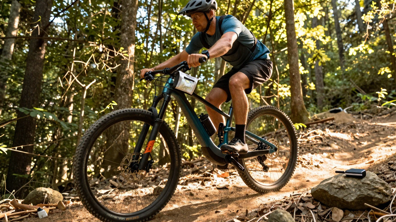 Homem de capacete pedalando bicicleta elétrica em trilha de terra cercada por árvores em floresta.