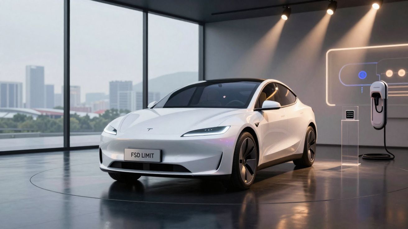 Carro elétrico branco Tesla em showroom moderno com janela panorâmica e estação de recarga à direita.