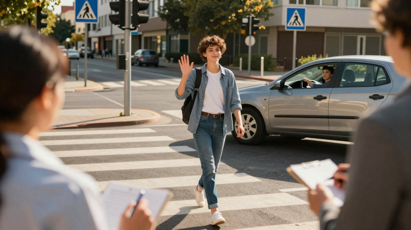 Pessoa jovem atravessa faixa de pedestres acenando, com carro parado e duas pessoas anotando em pranchetas.