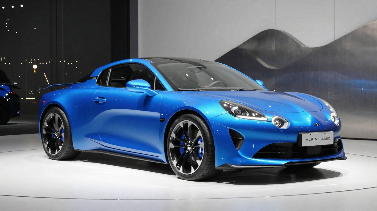 Carro esportivo azul Alpine A290 em exposição com fundo cinza e iluminação focada.