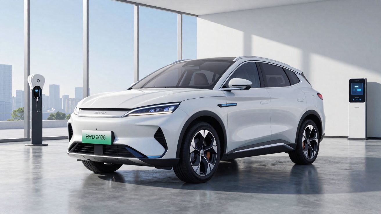 Carro elétrico branco estacionado em garagem moderna com carregadores ao fundo.