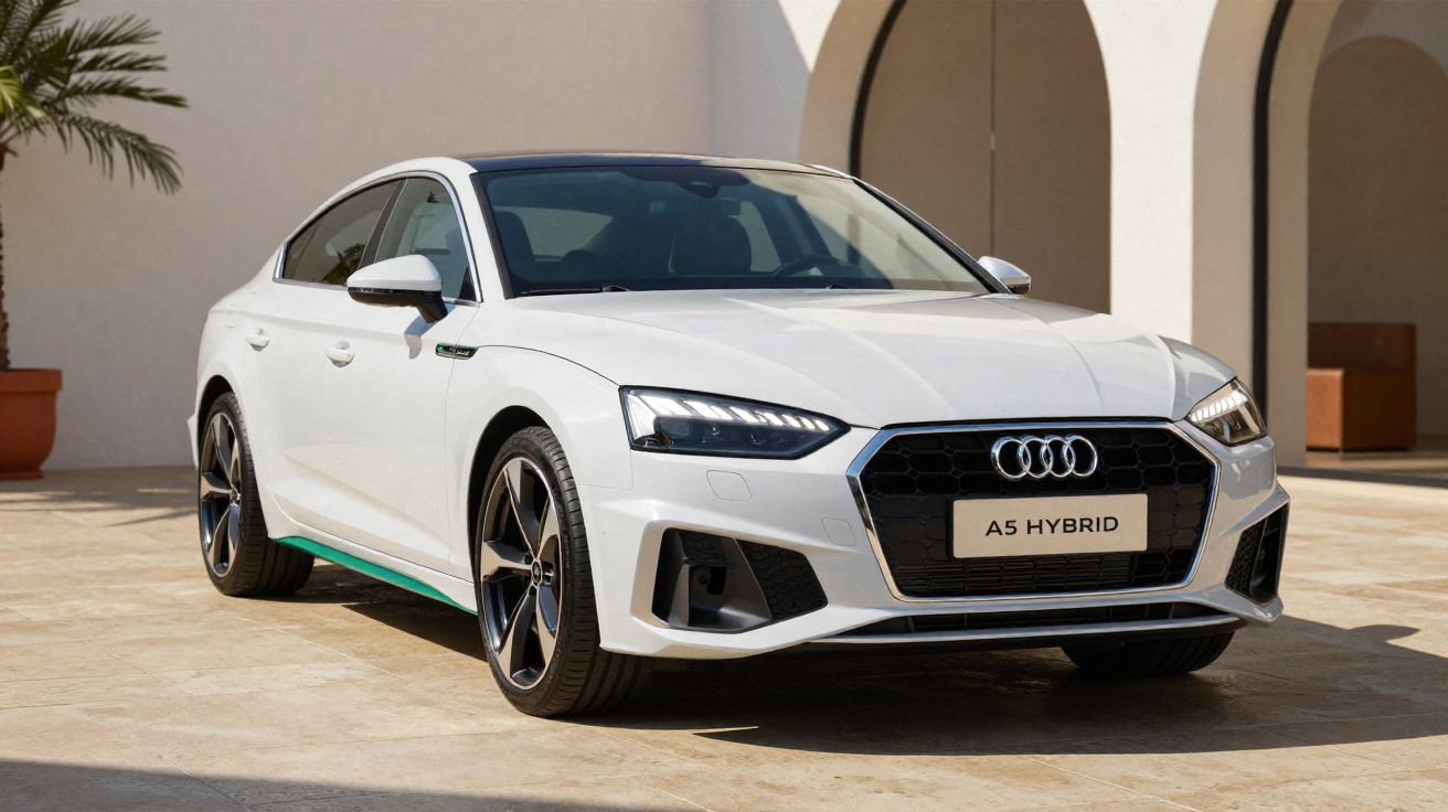 Audi A5 Hybrid branco estacionado em área externa com arquitetura clara ao fundo.