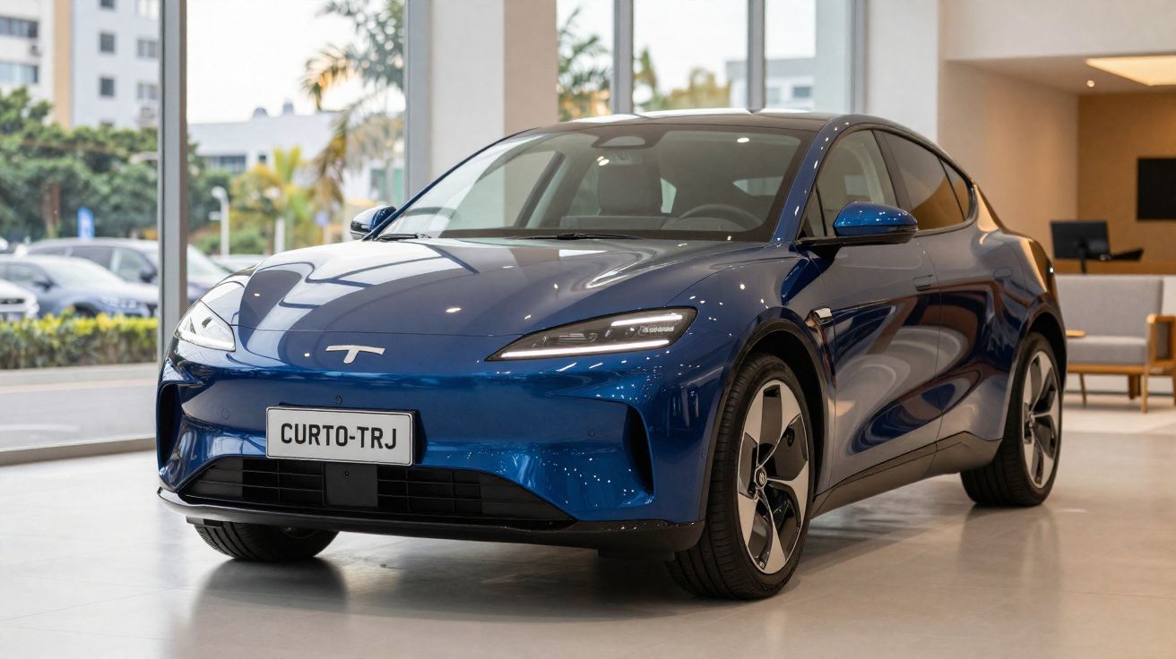 Carro elétrico azul estacionado em showroom moderno com vidros grandes e plantas externas visíveis.