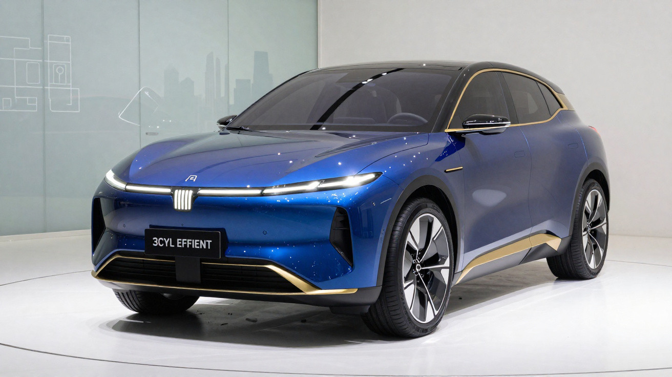 Carro elétrico azul moderno 3CYL EFFIENT em exposição com design aerodinâmico e rodas esportivas.