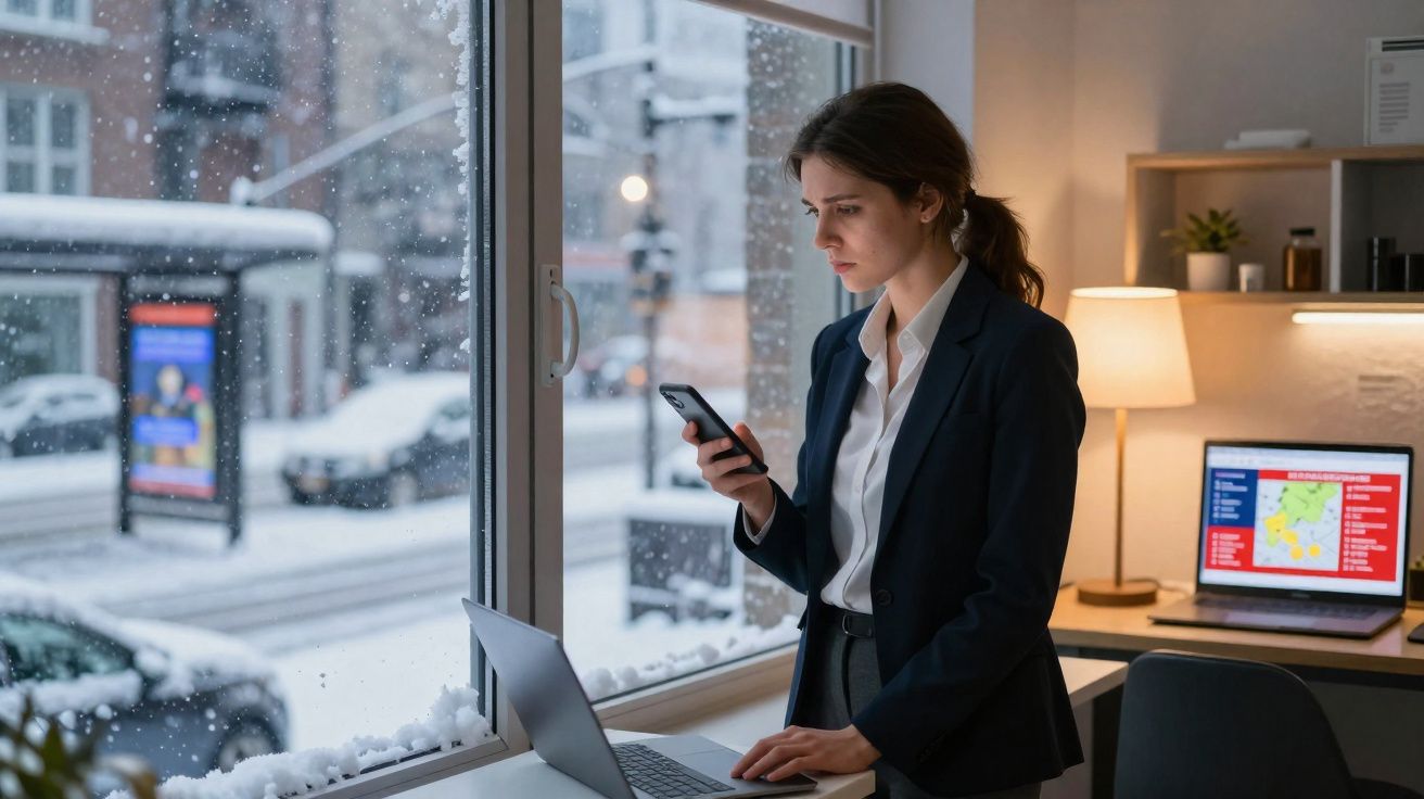 Mulher em traje formal usa celular e laptop perto da janela com vista para rua nevada.