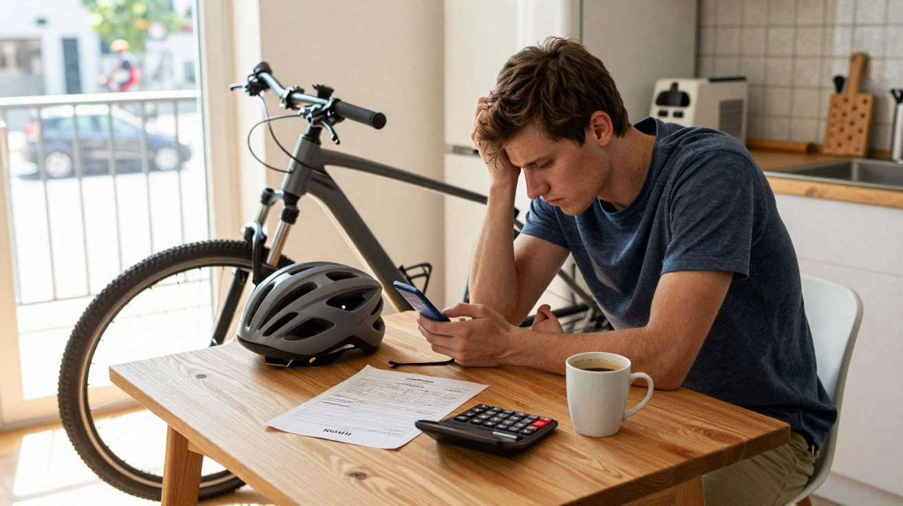 Jovem sentado à mesa com documentos, calculadora e bicicleta ao fundo, aparentando preocupação.