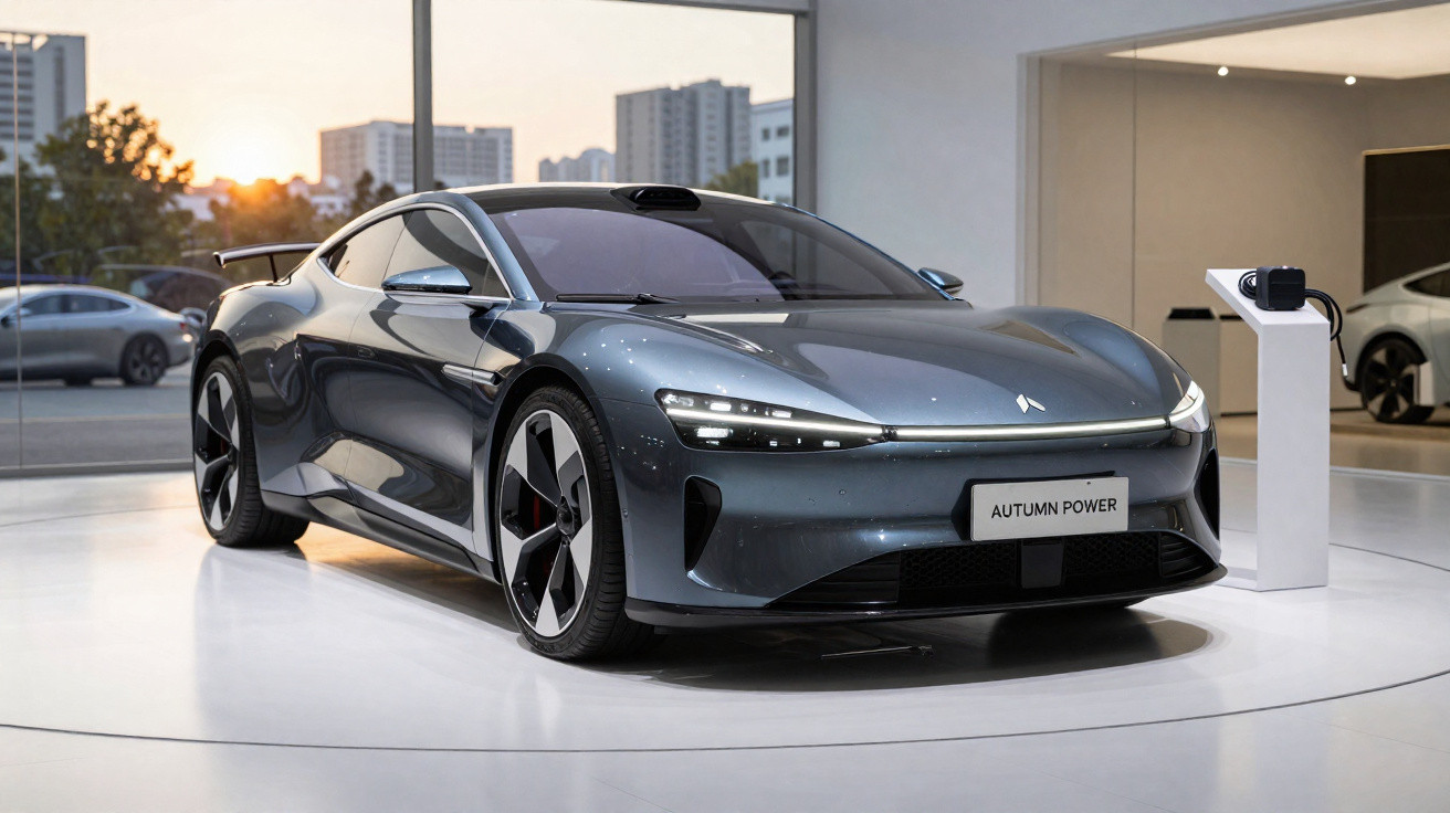 Carro elétrico esportivo cinza escuro estacionado em showroom com estações de carregamento à direita.