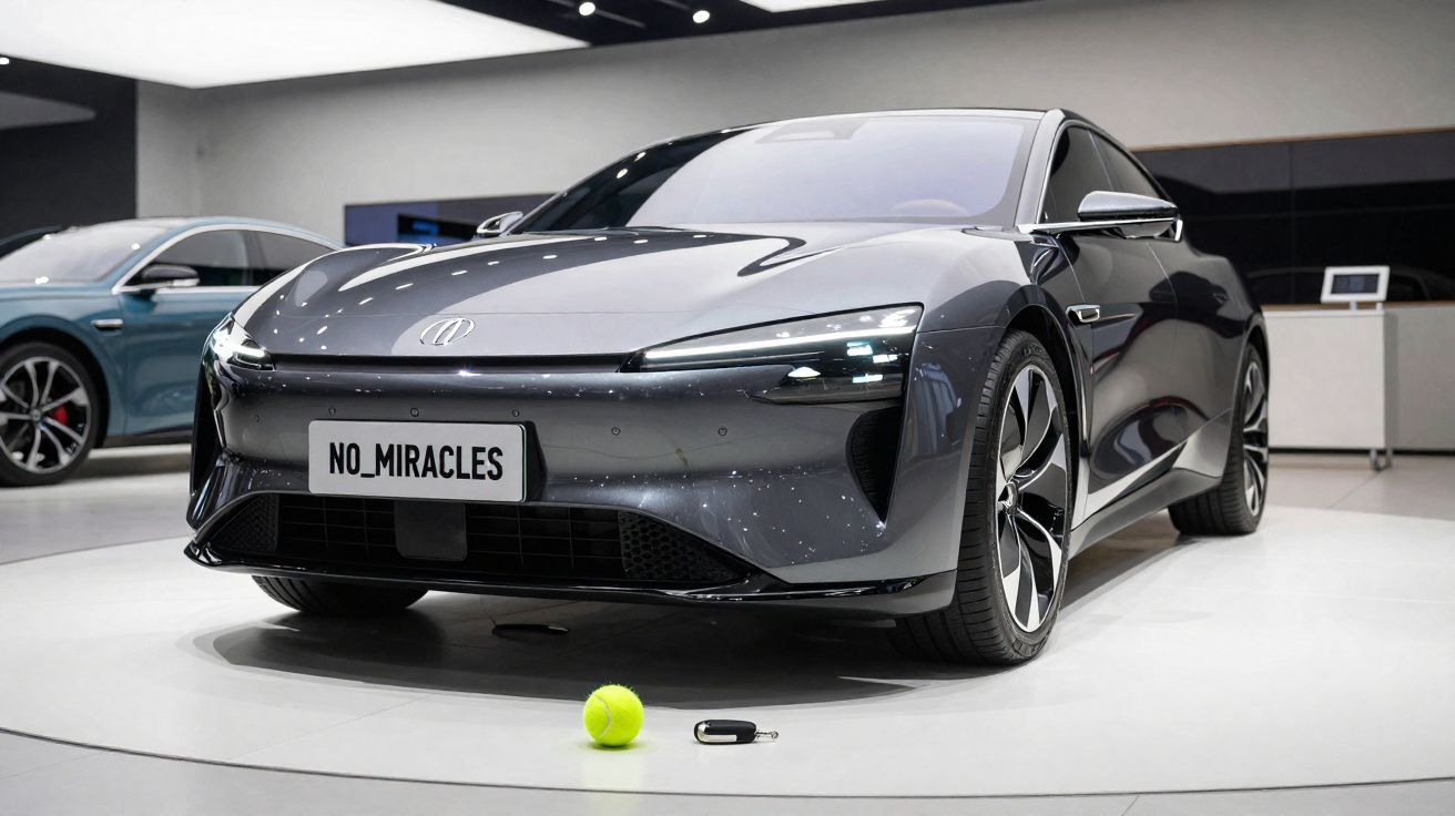 Carro elétrico cinza escuro exibido em showroom com bola de tênis e chave ao lado no chão.
