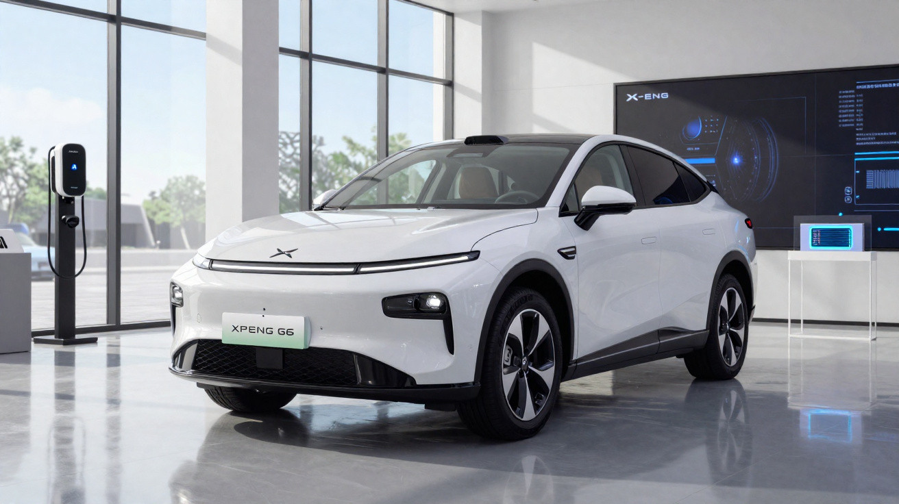 Carro elétrico branco XPeng G6 em showroom moderno com estação de recarga ao lado e tela digital ao fundo.