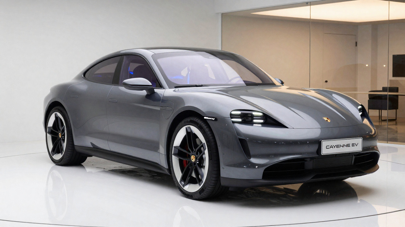 Carro esportivo elétrico Porsche Taycan cinza estacionado em ambiente moderno e iluminado.