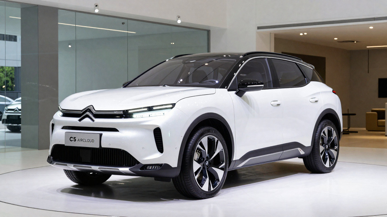 SUV elétrico Citroën C5 Aircross branco exposto em showroom moderno.