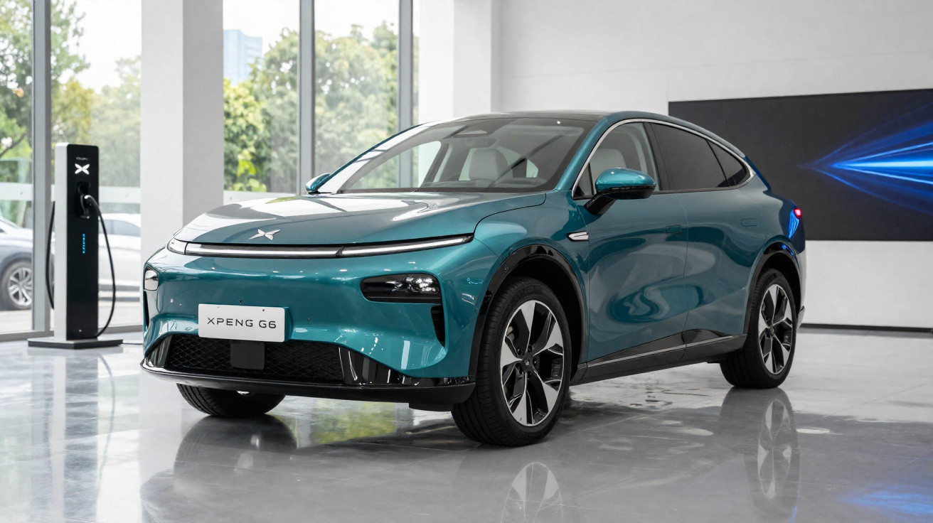 Carro elétrico azul XPeng G6 estacionado em showroom moderno com carregador ao fundo.