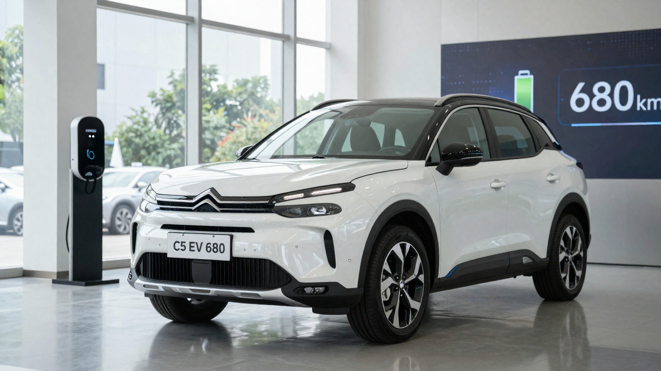 Carro elétrico Citroën C5 EV branco em exposição, próximo a estação de carregamento com autonomia de 680 km.