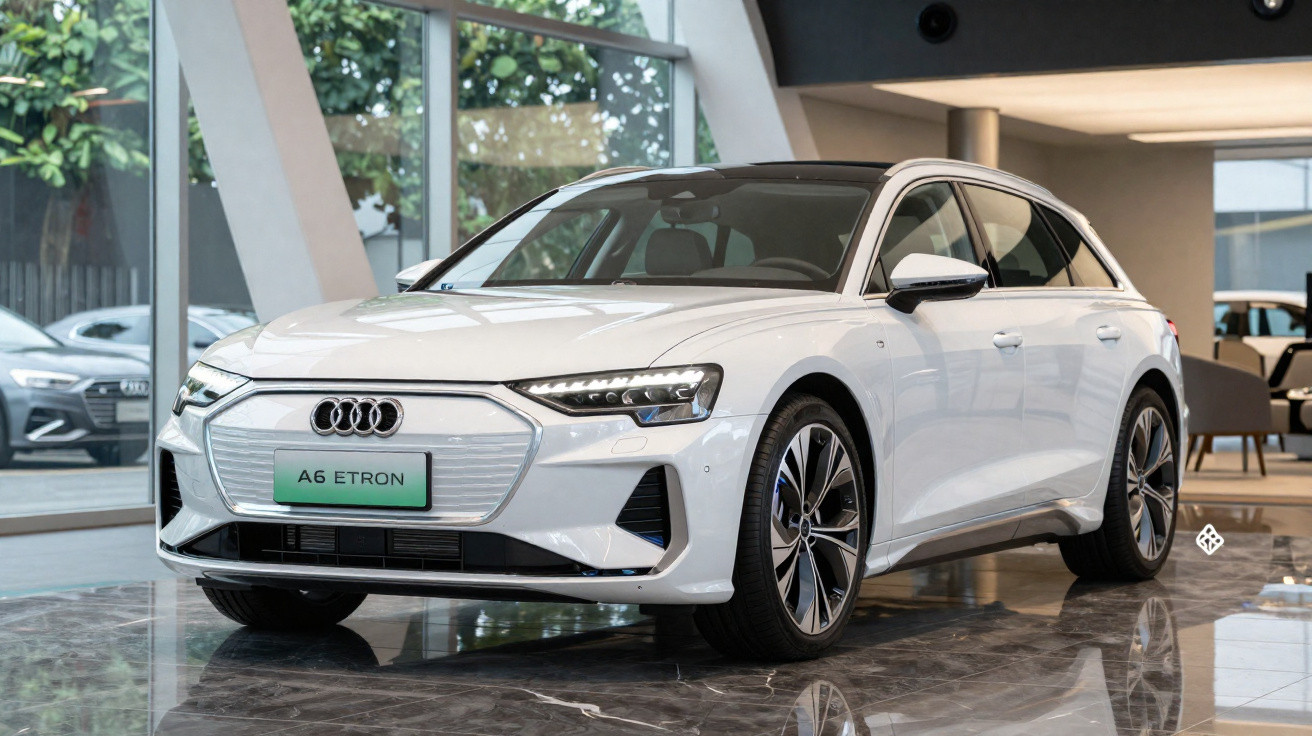 Audi A6 Etron branco estacionado em showroom com piso espelhado e vidro ao fundo.