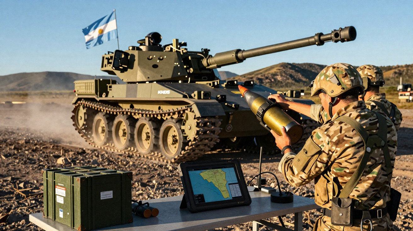 Soldados argentinos manuseiam munição ao lado de tanque blindado com bandeira nacional em treinamento militar.