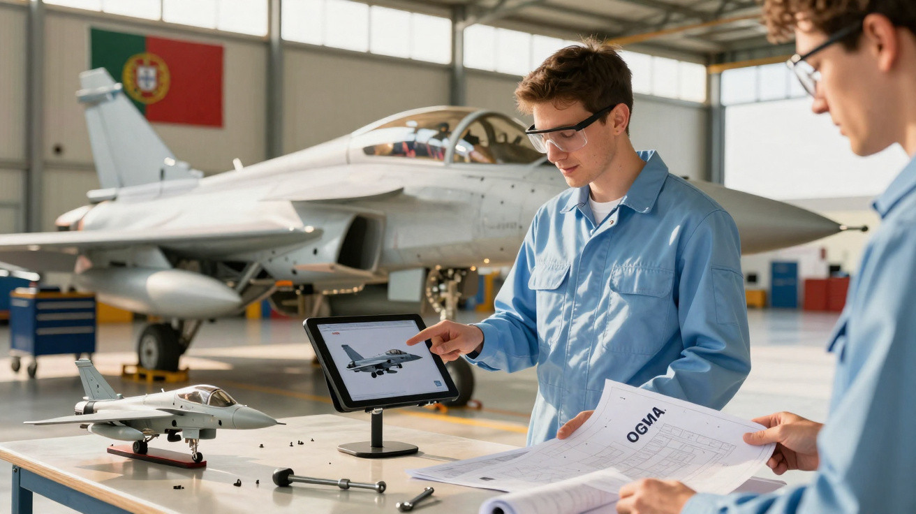 Engenheiros em uniforme azul analisam projeto de caça com maquete e tablet em hangar com avião ao fundo.