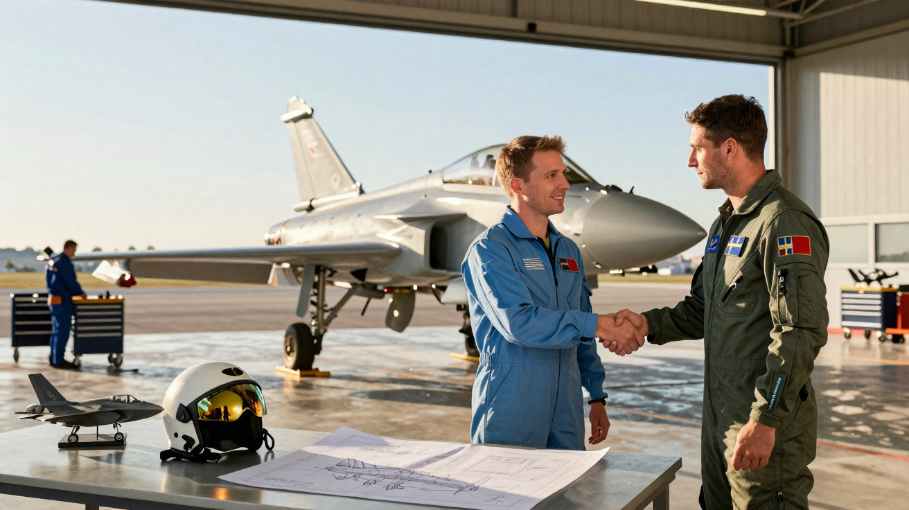 Dois pilotos apertam as mãos em hangar com jato de combate e desenhos de aeronave sobre mesa.