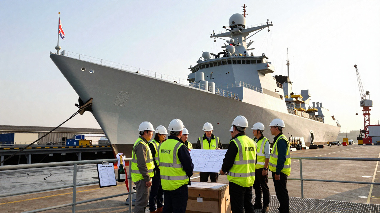Equipe de trabalhadores com coletes e capacetes reunida em doca diante de navio militar ancorado.