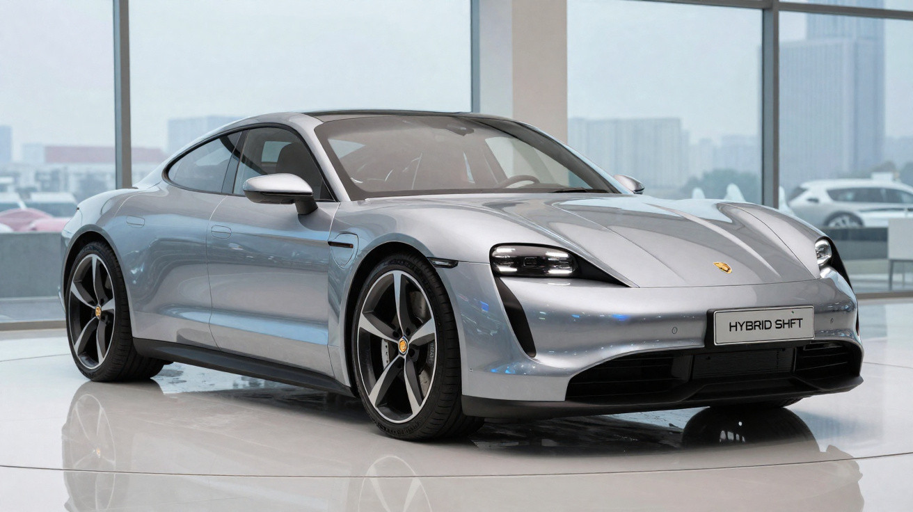 Carro esportivo prata elétrico à venda em showroom com placa "Hybrid Shift" e janelas panorâmicas.