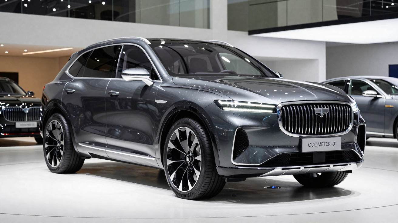 Carro SUV cinza metálico com design moderno exposto em ambiente interno e iluminação branca.