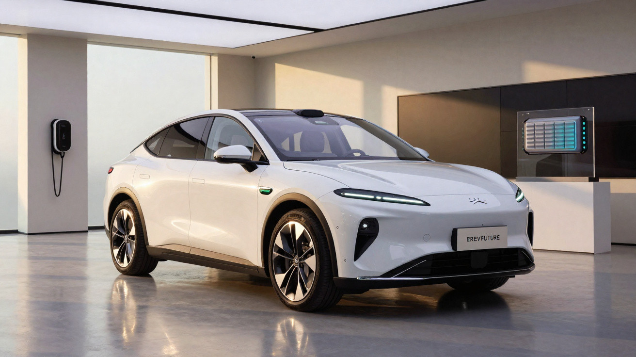 Carro elétrico branco estacionado em garagem moderna com estação de carregamento na parede.